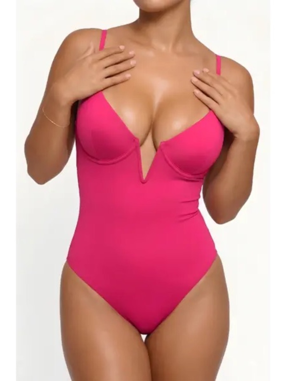 NWT Popilush Built-In Shapewear V-Neck Low-Back One Piece Swimsuit Pink M